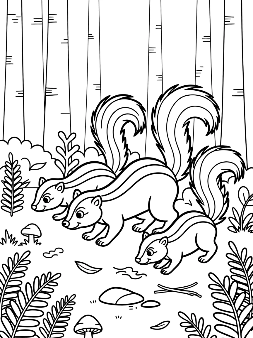 Skunk family foraging in forest undergrowth