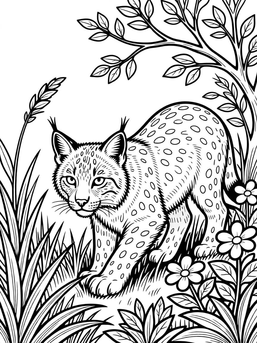 Lynx watching prey from a concealed position in the brush