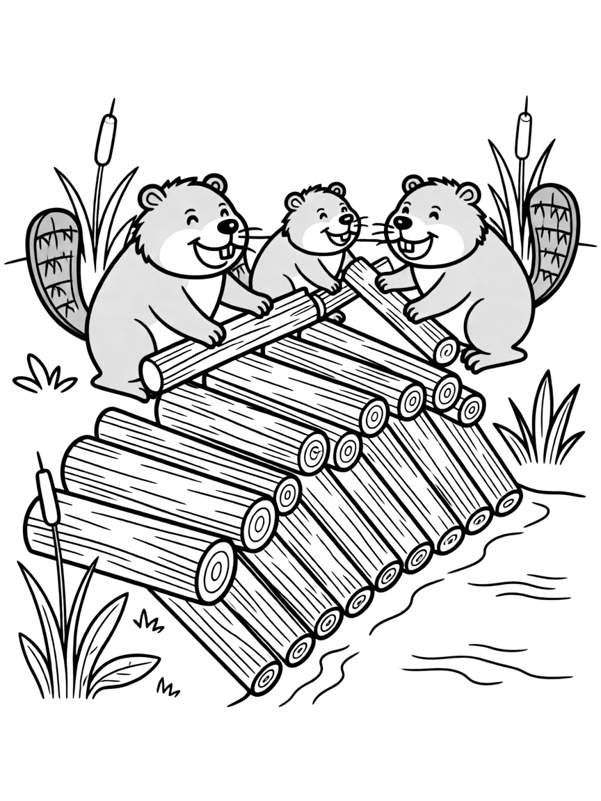 Beaver family constructing a dam with detailed textures