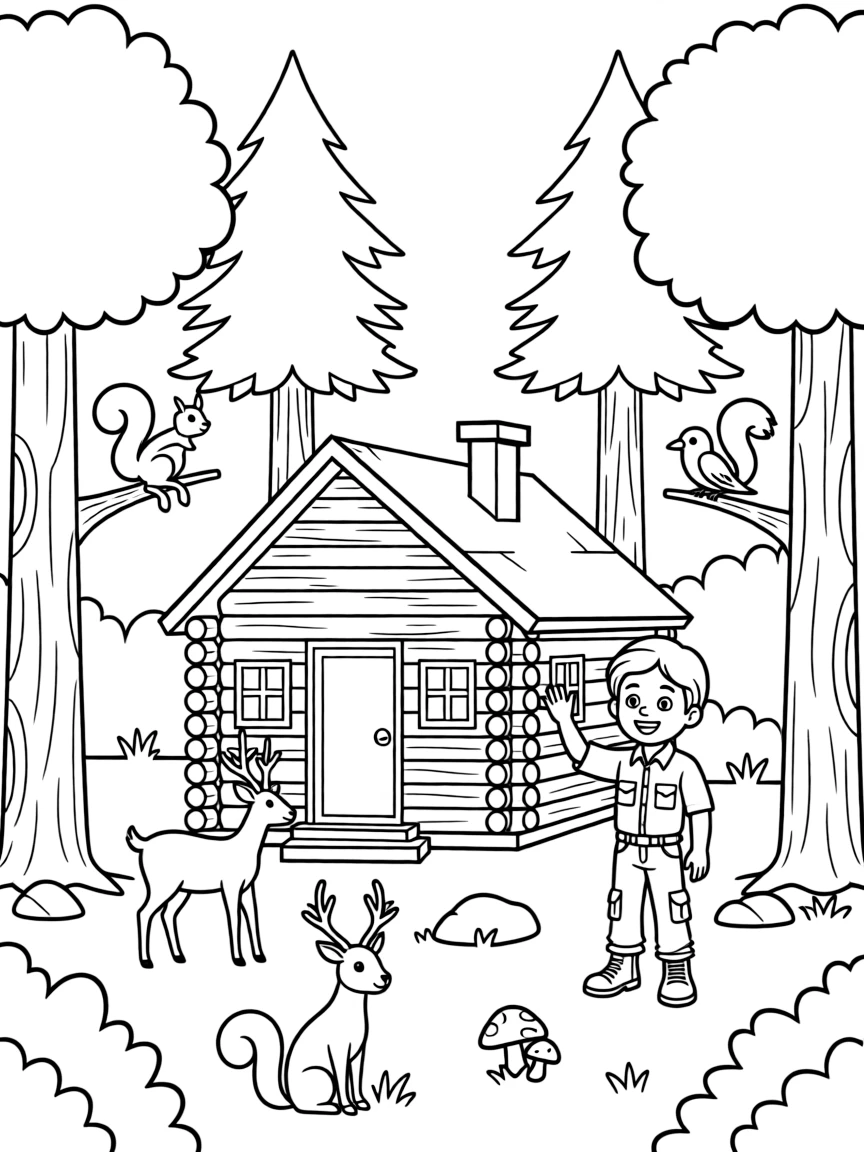 Forest ranger cabin with surrounding wildlife