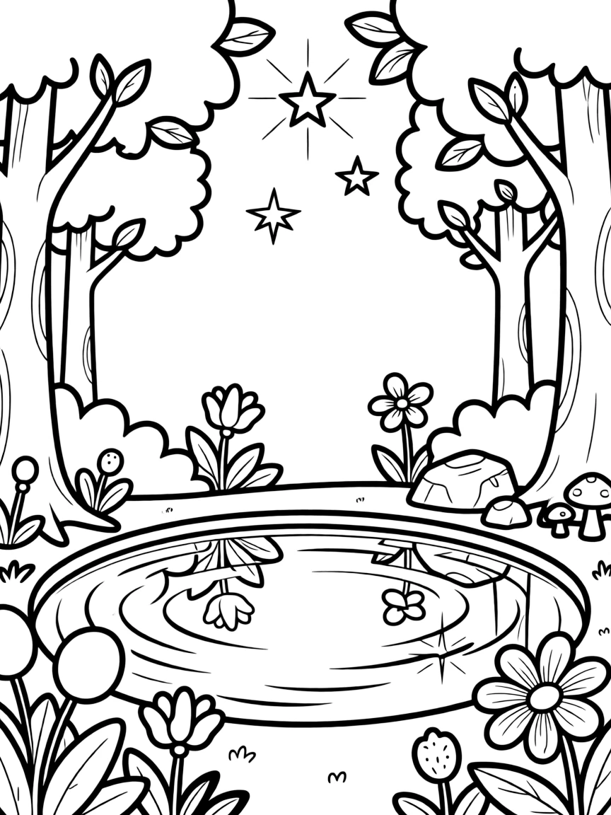 Magical forest pool reflecting starlight