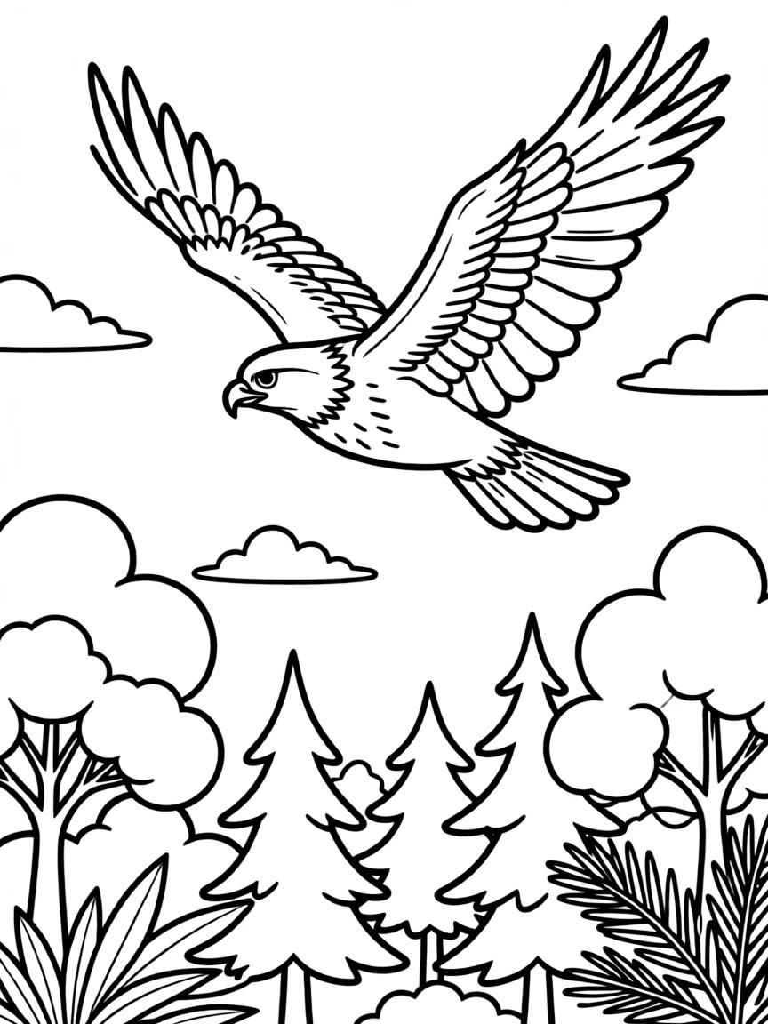 Hawk soaring above forest canopy