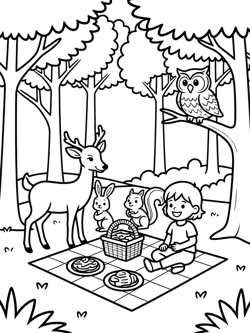 Woodland picnic scene with forest creatures watching
