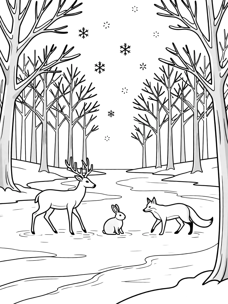 Wildlife crossing a frozen forest lake in winter