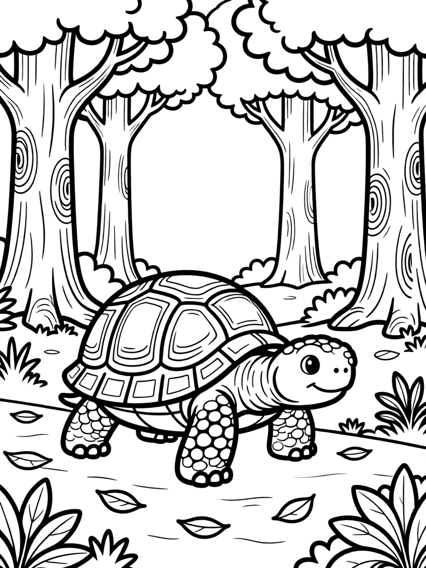 Wise old tortoise walking through ancient forest