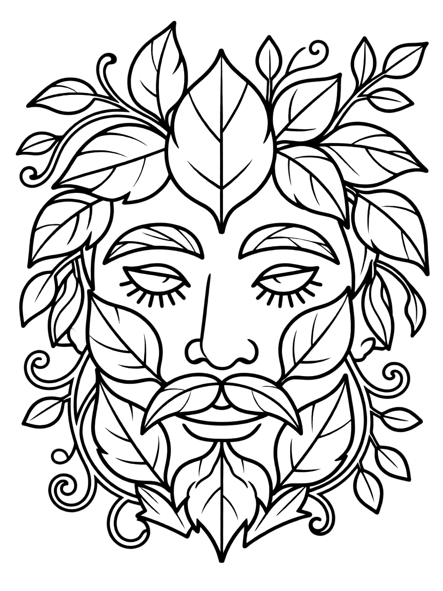 Green man face formed from leaves and branches