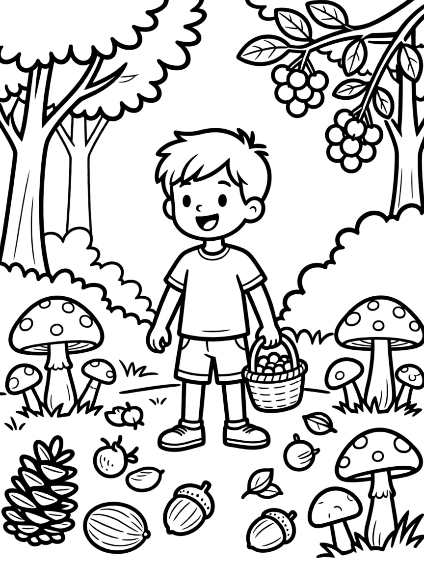 Forest harvest scene with mushrooms, nuts and berries