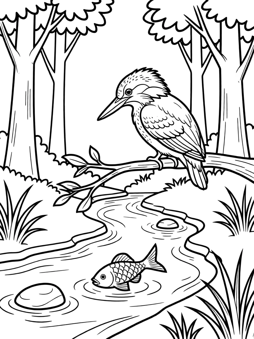 Kingfisher perched by forest stream with fish