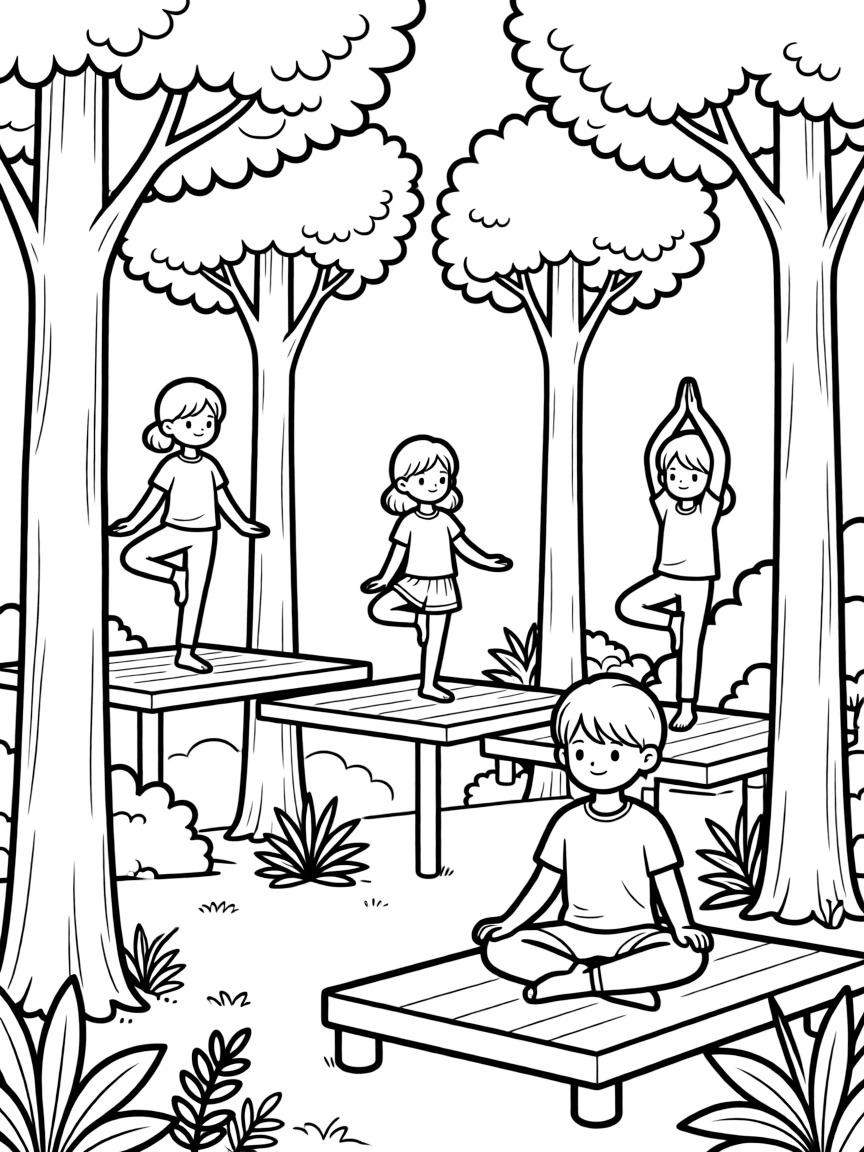 Forest yoga retreat with platforms among trees