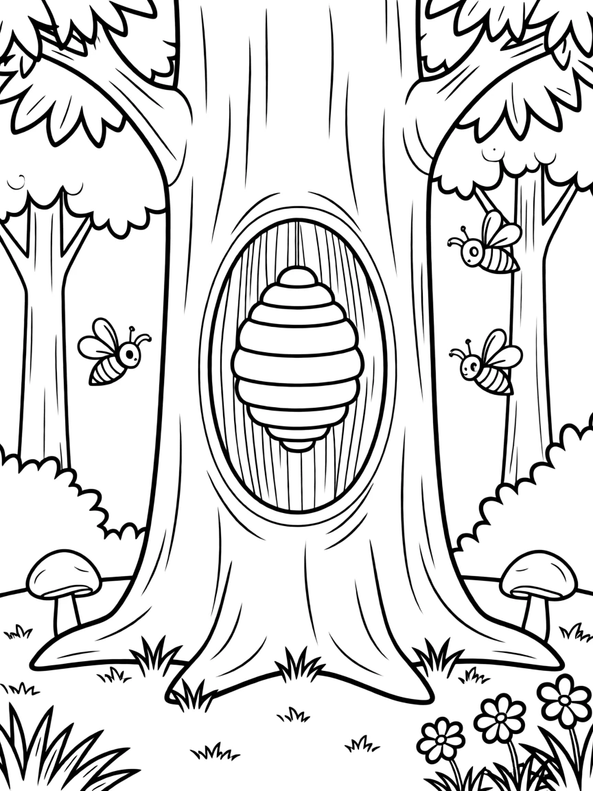 Wild forest honeybee hive in hollow tree