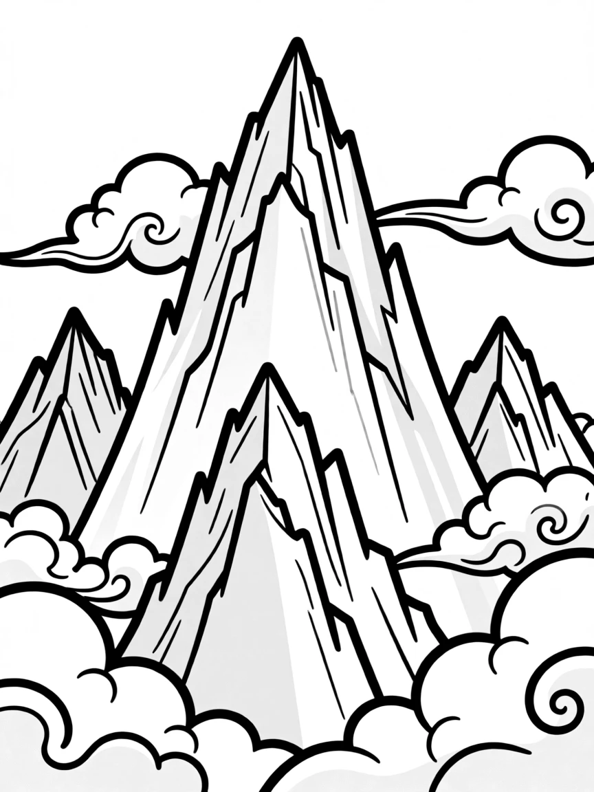 Jagged mountain peaks with clouds swirling around them