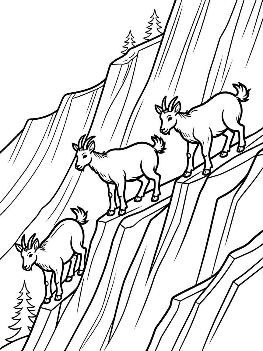 Mountain goats navigating narrow cliff ledges