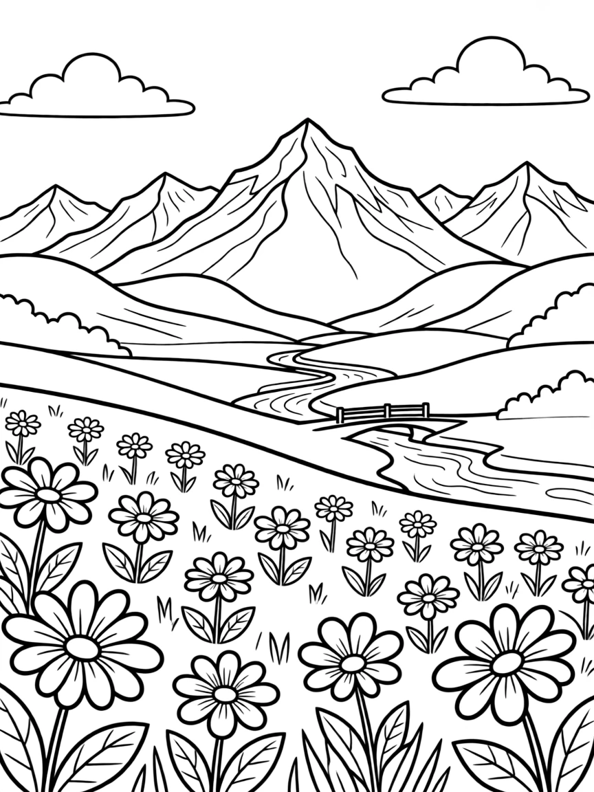 Alpine valley with wildflower meadows and distant peaks