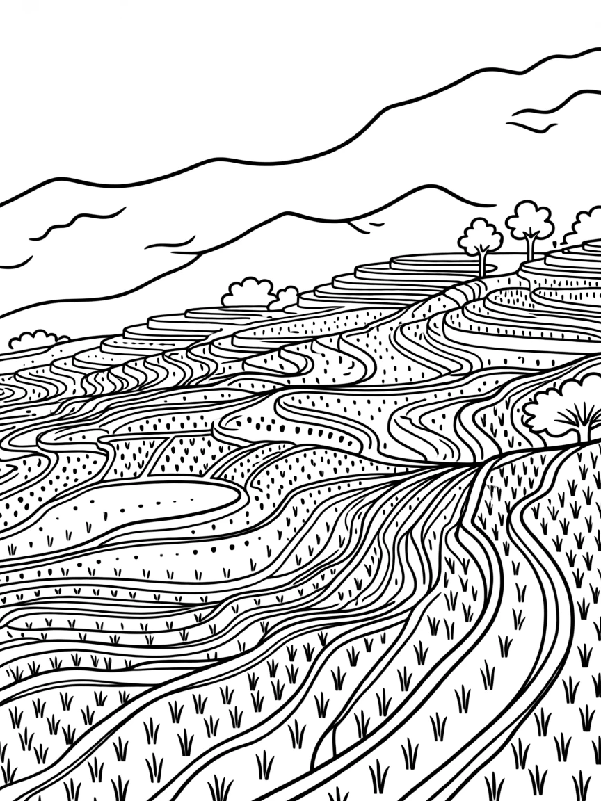 Terraced mountain rice fields with intricate patterns