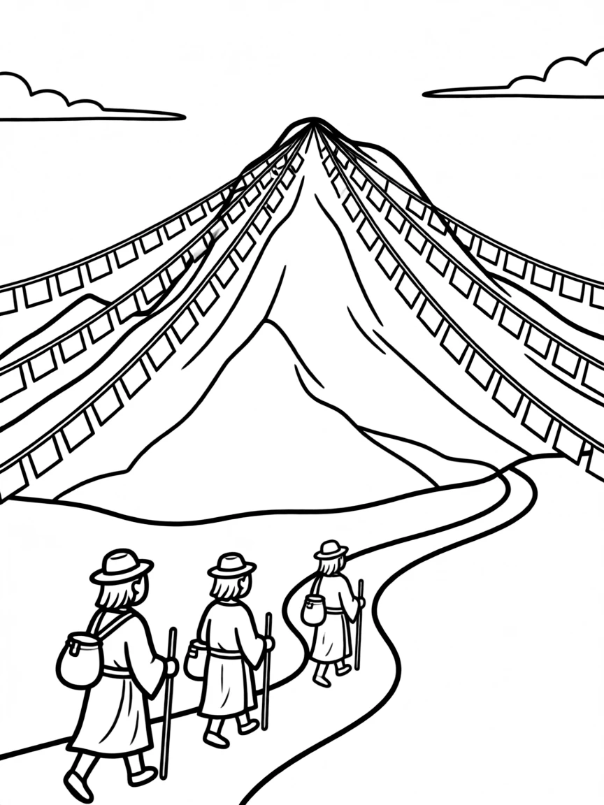Sacred mountain with prayer flags and pilgrims