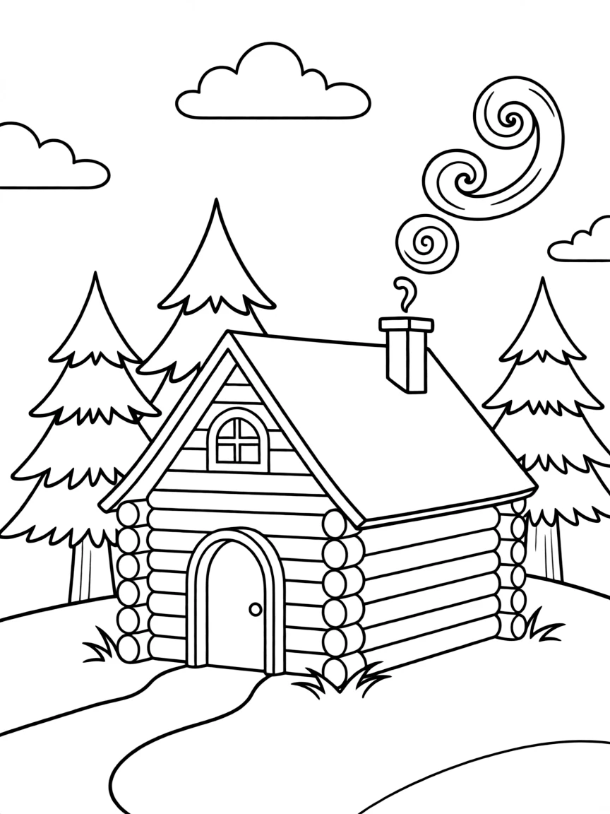 Mountain cabin with smoke curling from chimney