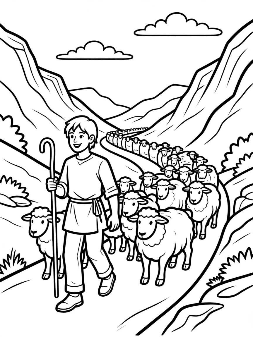 Shepherd guiding flock through mountain pass