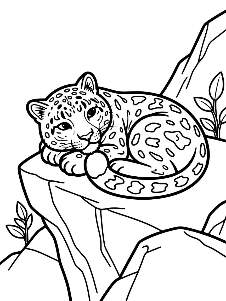 Snow leopard resting on rocky mountain ledge