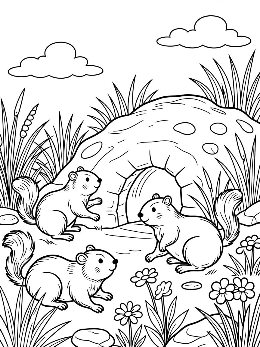 Marmots playing outside their burrow on alpine meadow