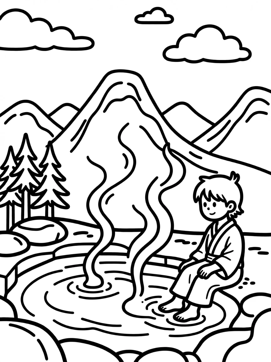 Mountain hot springs with steam rising in cold air