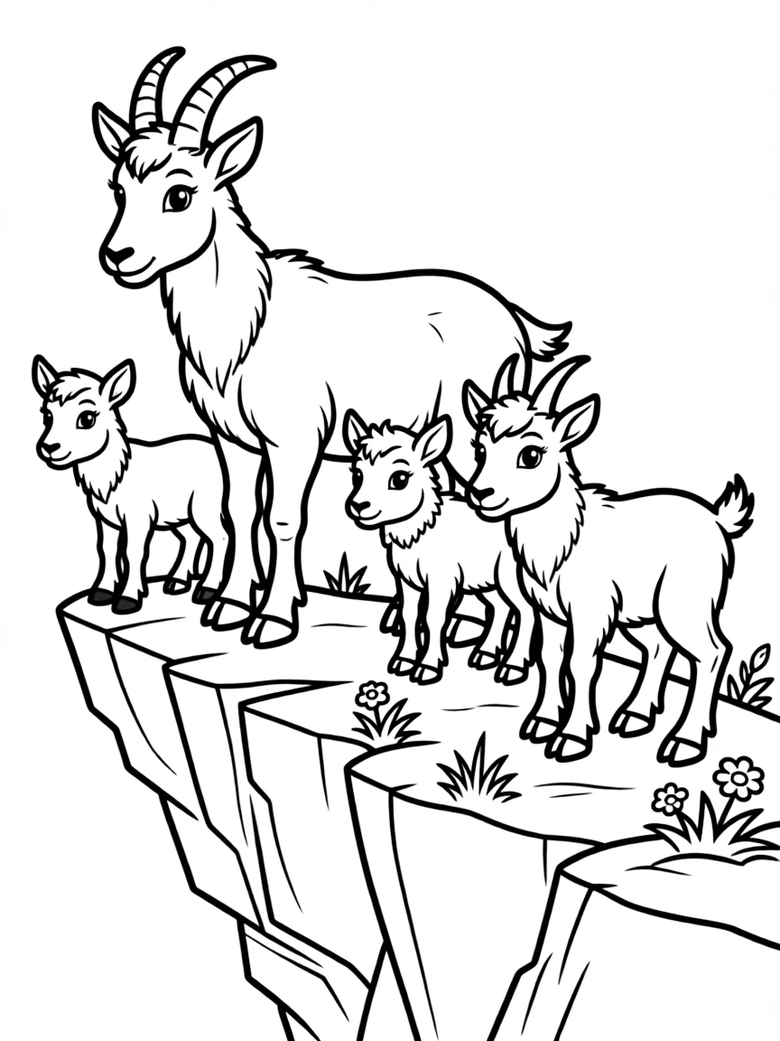Mountain goat family on precarious ledge