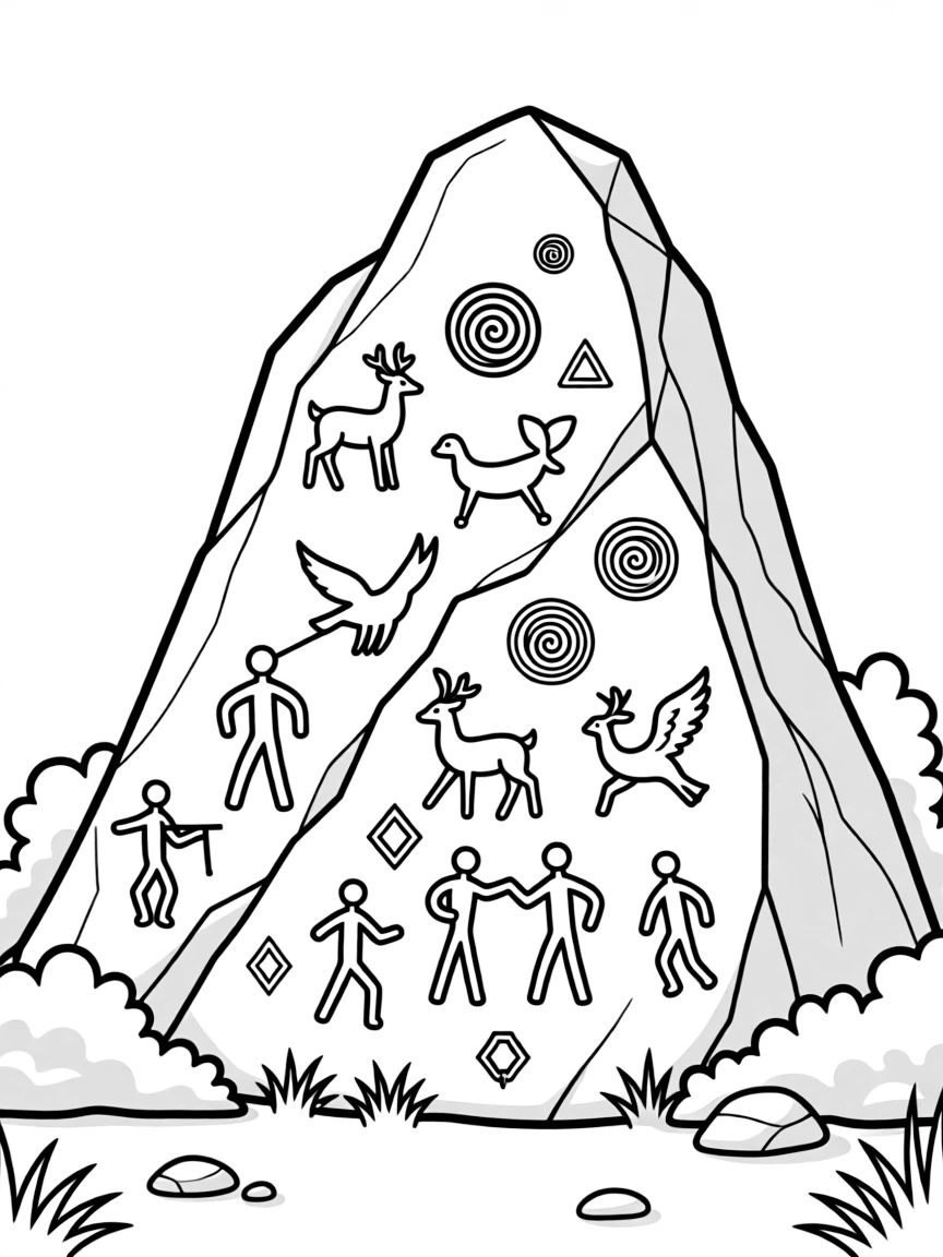 Ancient petroglyphs carved into mountain rock face