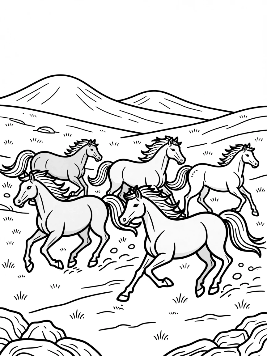 Wild horses running free across mountain plateau