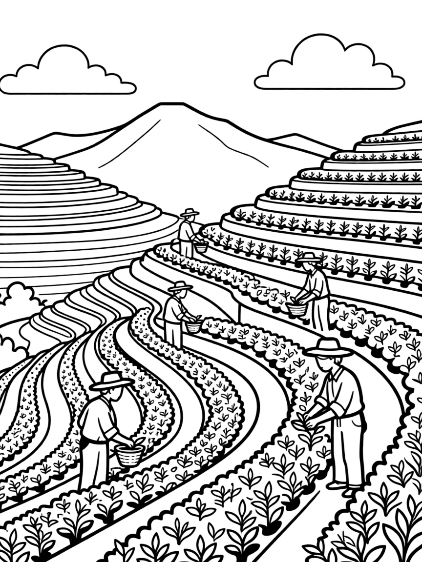 Mountain tea plantation with terraced hillsides
