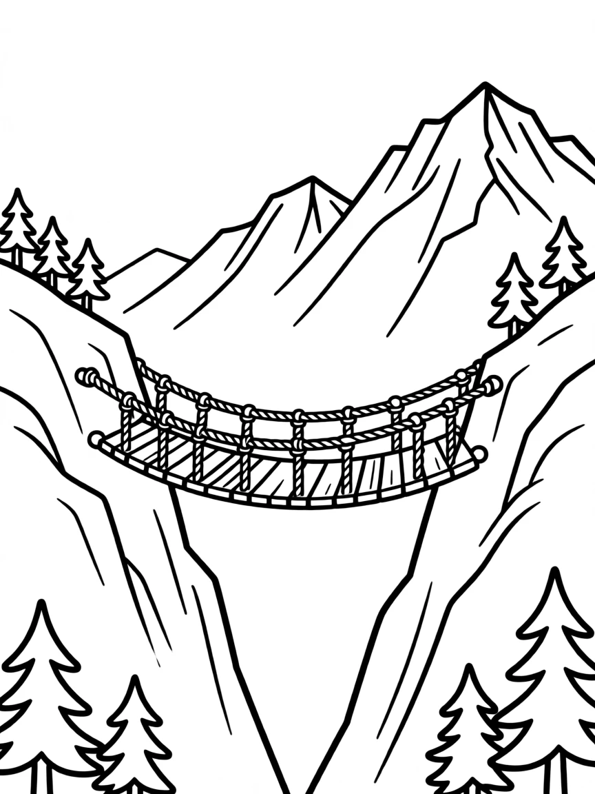 Rope bridge connecting mountain peaks