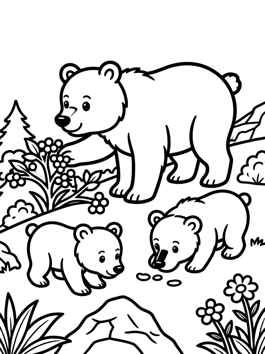 Family of bears foraging on mountain slope