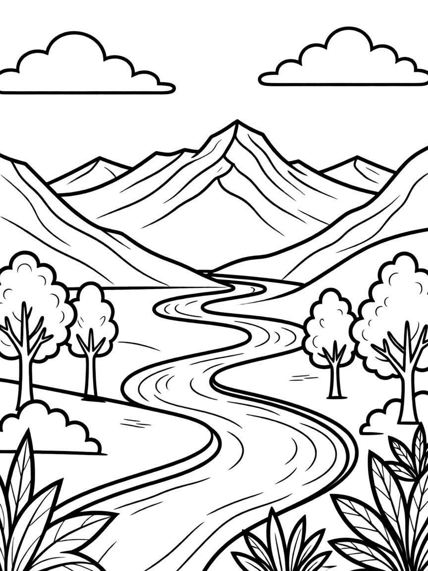 Mountain valley with river winding through