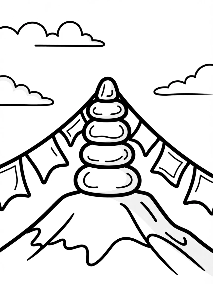 Mountain summit cairn with prayer flags