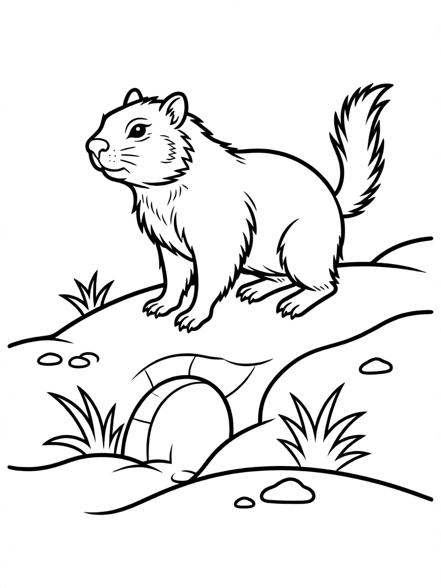 Alpine marmot standing guard near burrow entrance