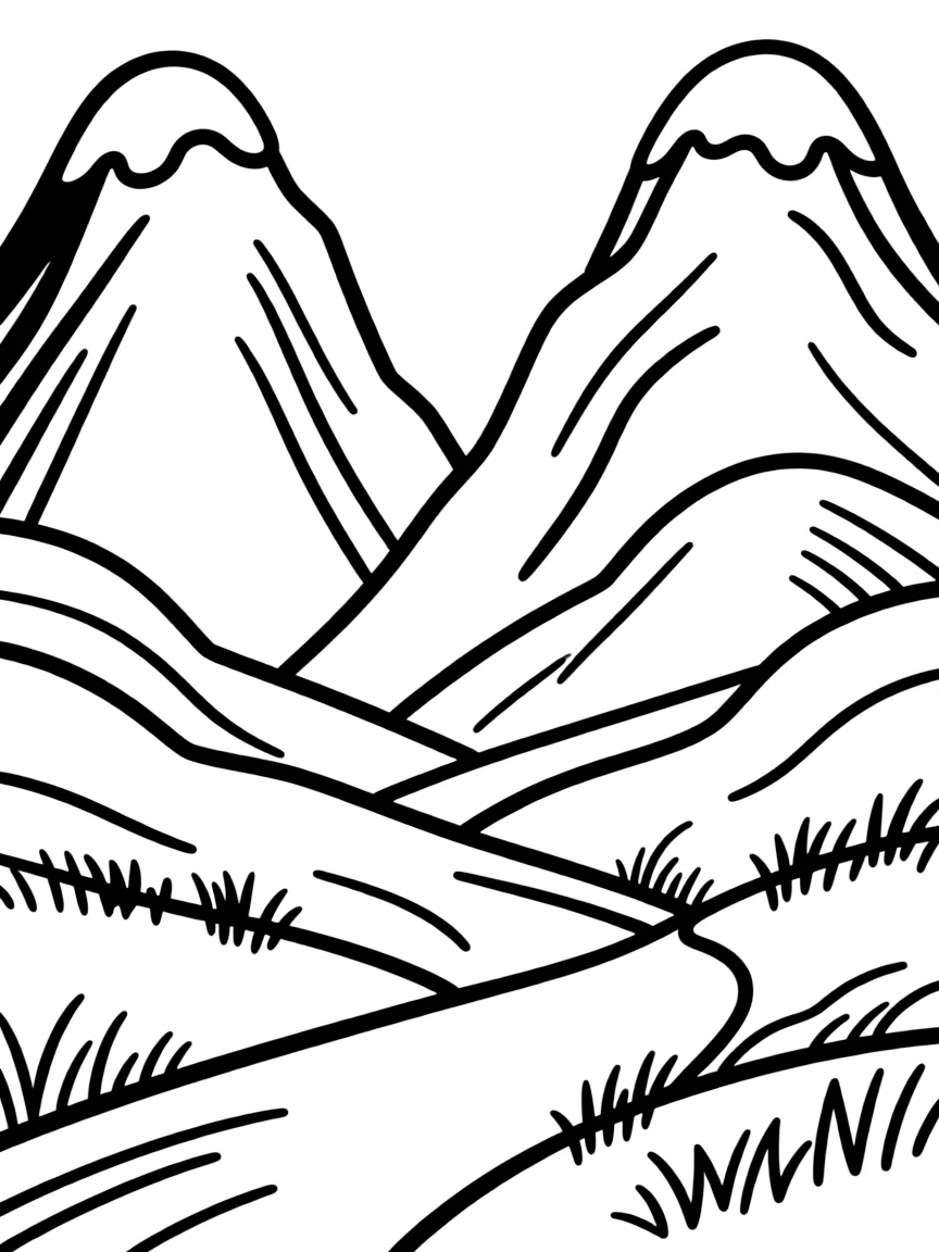 Twin mountain peaks with valley between