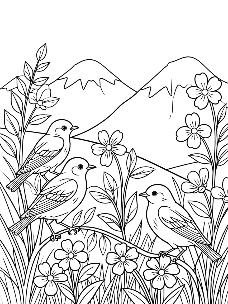 Mountain bluebirds in alpine meadow with flowers
