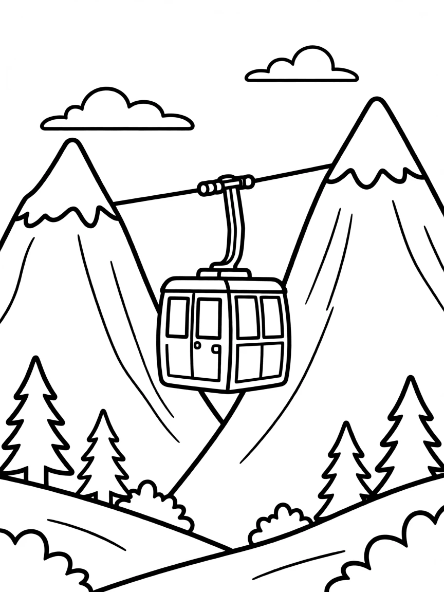 Mountain gondola suspended between peaks