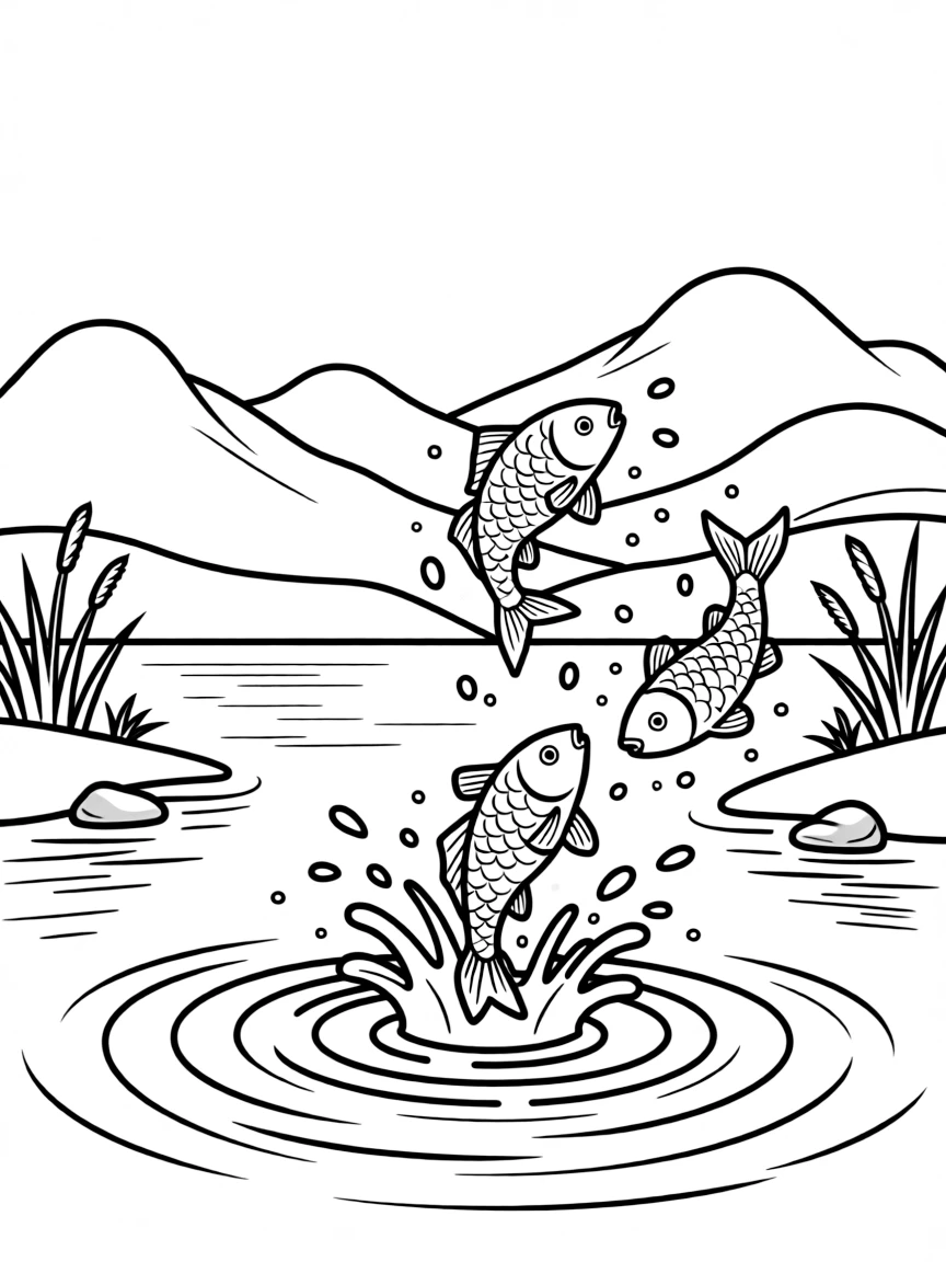 Mountain lake with jumping fish and ripples