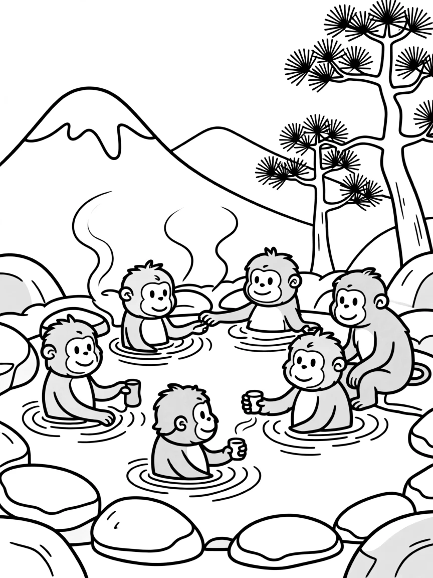 Snow monkeys bathing in mountain hot springs