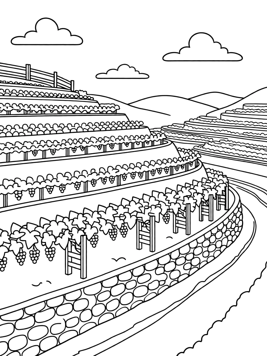 Mountainside vineyard with terraced rows