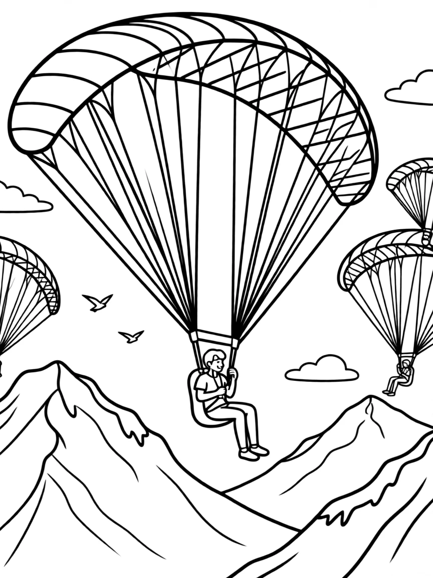 Paragliders soaring near mountain peaks