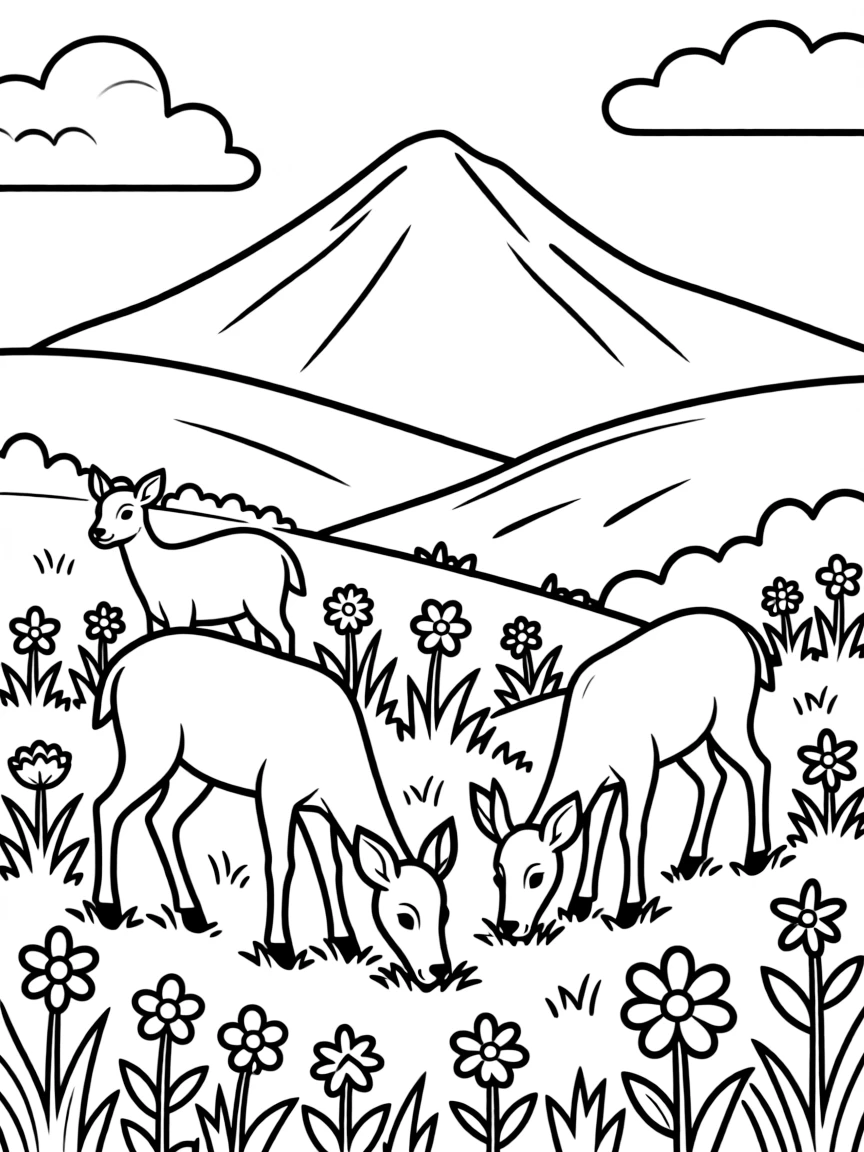 Mountain meadow with grazing deer and wildflowers