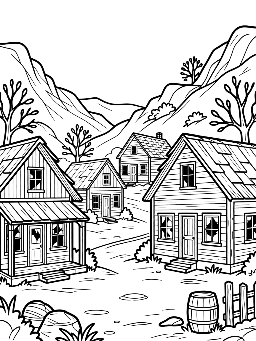 Abandoned mountain ghost town with detailed buildings
