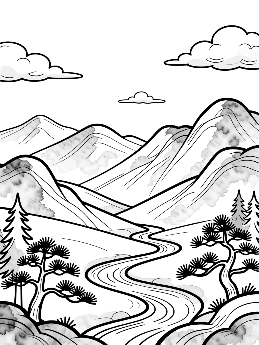 Watercolor-style mountain landscape with soft edges