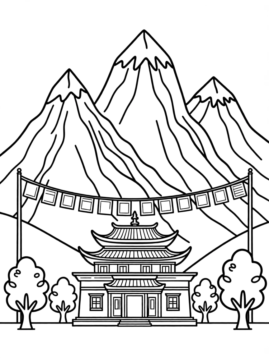 Himalayan mountains with prayer flags and monastery