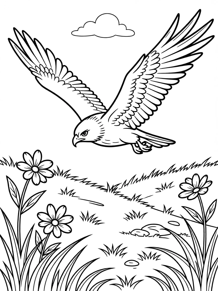 Mountain hawk hunting over alpine meadow