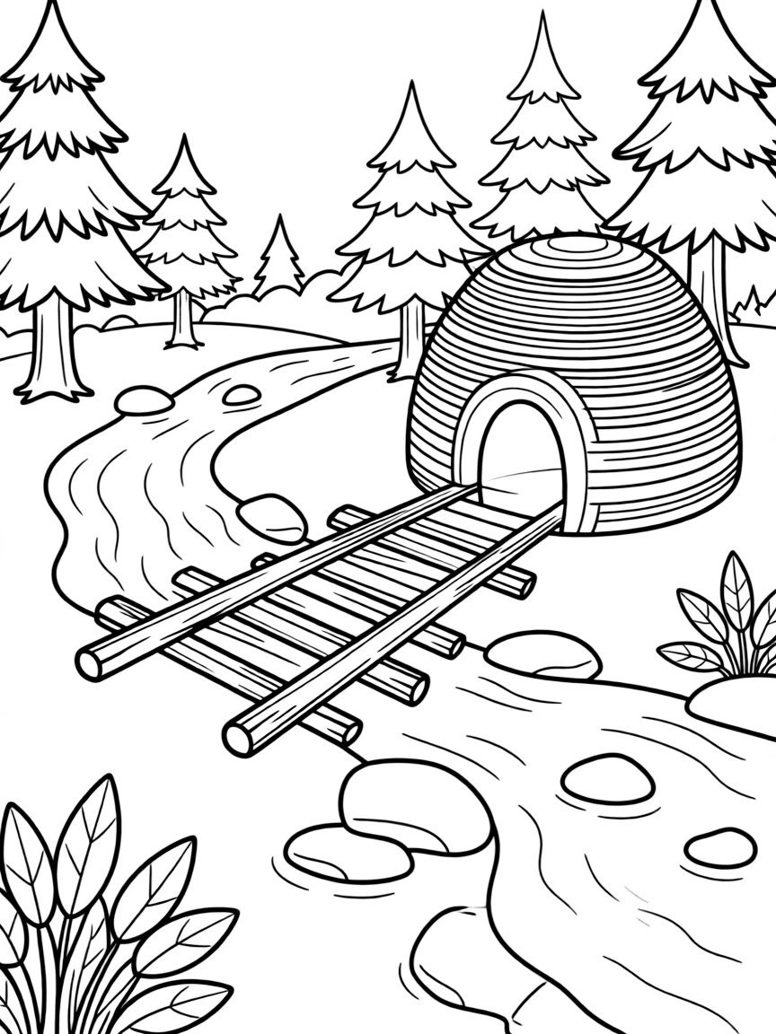 Mountain stream with beaver dam and lodge