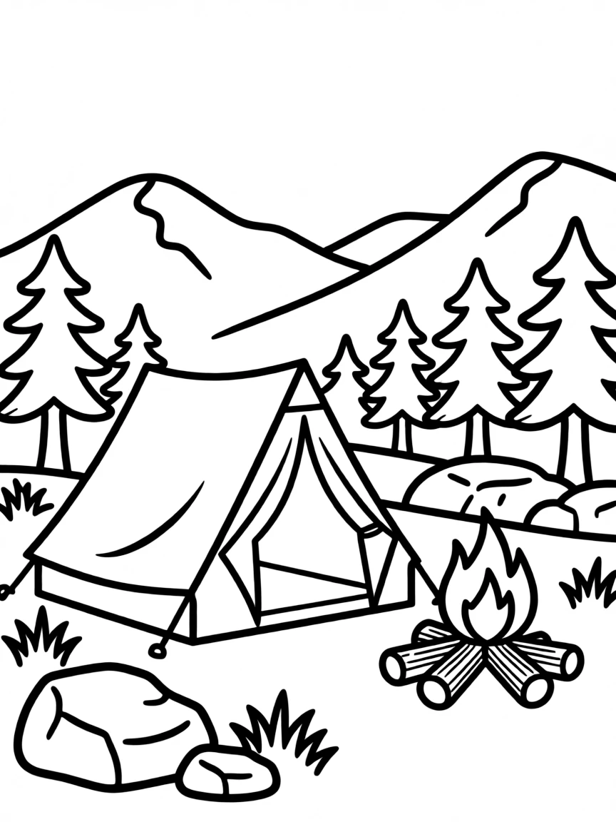 Mountain campsite with tent and campfire