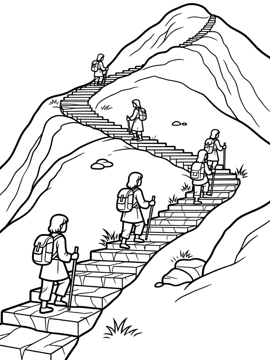 Sacred mountain with pilgrims climbing stone steps