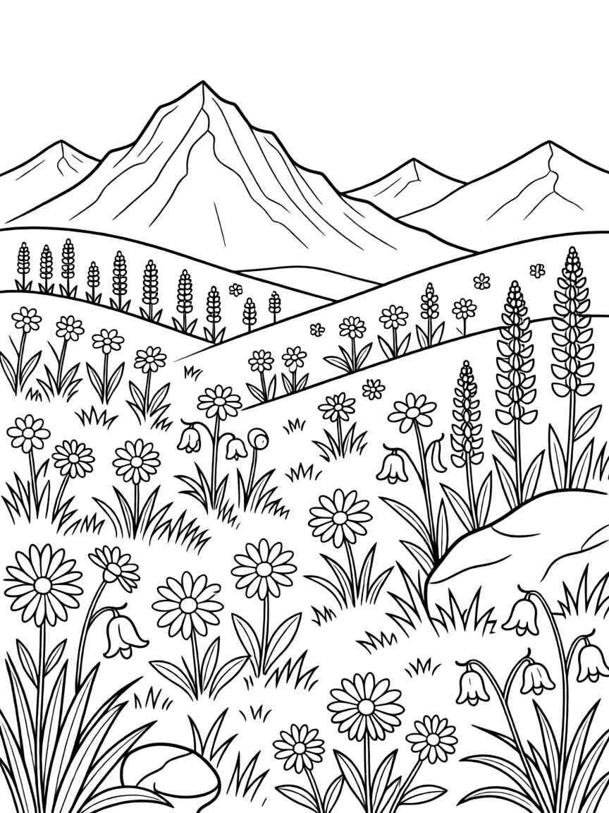 Detailed mountain wildflowers in alpine meadow