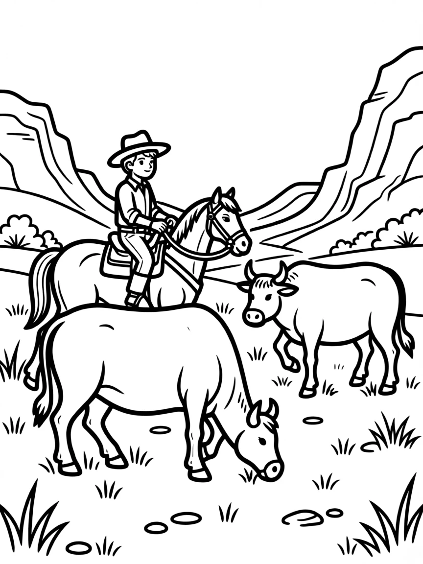 Cowboy herding cattle through mountain pass